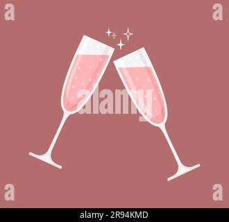 Deux verres de vin mousseux rose ou de champagne sur fond rouge pâle. Illustration vectorielle de style plat Illustration de Vecteur