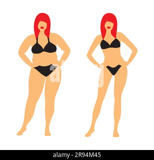 Femmes grasses et minces avec des cheveux rouges dans un maillot de bain noir frontal sur un fond blanc. Illustration vectorielle avant et après la perte de poids. Illustration de Vecteur