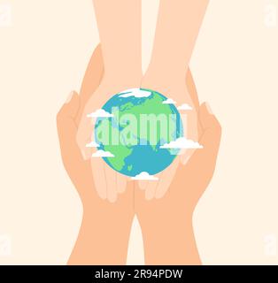Mains d'un adulte et d'un enfant tenant ensemble la planète Terre dans leurs paumes, vue de dessus. Illustration vectorielle plate Illustration de Vecteur