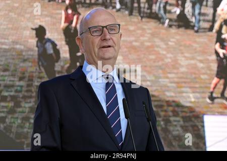 Potsdam, Allemagne. 24th juin 2023. Dietmar Woidke (SPD), ministre de Brandebourg, prend la parole lors de la Journée de la protection civile à Potsdam. Crédit : Michael Bahlo/dpa/Alay Live News Banque D'Images