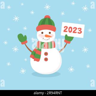 Un adorable bonhomme de neige dans un chapeau, un foulard et des mitaines portant une pancarte portant le numéro 2023 sur un fond bleu enneigé. Illustration vectorielle plate Illustration de Vecteur