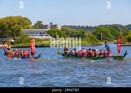 Poole, Dorset, Royaume-Uni. 24 juin 2023. Les foules viennent soutenir la course de bateaux-dragons de Poole, course de bateaux-dragons de Poole, sur le lac de plaisance à Poole Park par une chaude journée ensoleillée. Crédit : Carolyn Jenkins/Alamy Live News Banque D'Images