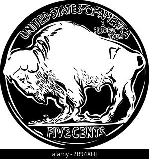 Noir et blanc argent américain 5 cent pièce, inverse de Buffalo nickel avec American Bison Illustration de Vecteur