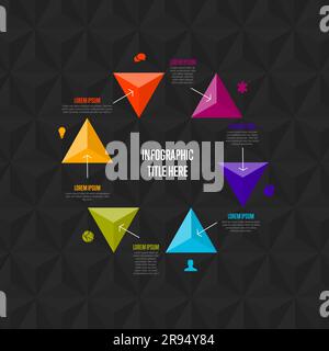 Modèle de cycle Infographique polyvalent vectoriel avec options de titre et six éléments et couleurs modernes sur fond gris foncé avec icônes et grand pyra Illustration de Vecteur