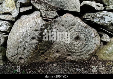 Cupule et anneau de pierre préhistorique sculptée placé dans la maison de terre souterraine de Tealing sous-terrain construit par Iron Age ferme colonie il y a c2500 ans Banque D'Images