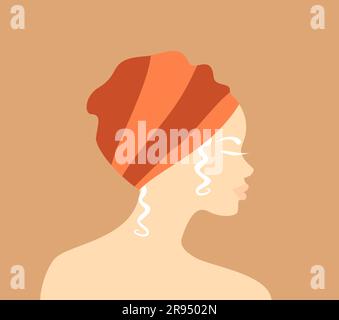 Profil d'une belle femme albinos africaine dans un turban traditionnel orange sur fond orange doux. Illustration vectorielle plate Illustration de Vecteur