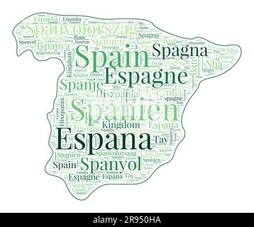 Forme de l'Espagne remplie de nom de pays dans de nombreuses langues. Carte d'Espagne en style wordcloud. Illustration du vecteur radiant. Illustration de Vecteur