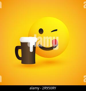 Sourire, bouche lécher Emoji - simple Happy Emoticon avec un oeil de Winking et un verre de bière sur fond jaune - Vector Design Illustration de Vecteur