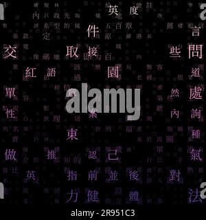 Contexte technologique. Caractères aléatoires de l'alphabet chinois traditionnel. Motif matriciel à gradient. Arrière-plans de thème de couleur violette et orange. Illustration de Vecteur