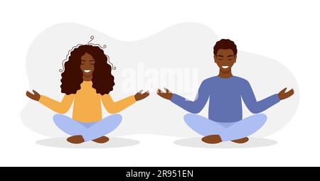 Jeune couple méditant ensemble. Femme et homme africains en vêtements décontractés assis avec les yeux fermés sur le tapis en position lotus. Illustration vectorielle Illustration de Vecteur
