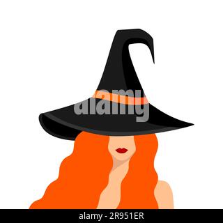 Femme aux longs cheveux rouges ondulés et aux lèvres rouges avec un chapeau de sorcière gris sur sa tête sur un fond blanc. Caractère Halloween Illustration de Vecteur