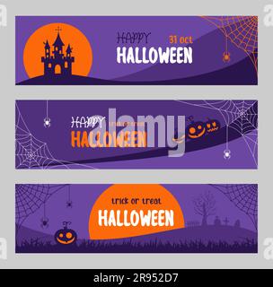 Ensemble de bannières Halloween pour les sites Web et les médias sociaux. Illustration vectorielle plate violet et orange Illustration de Vecteur