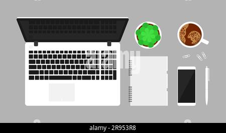 Espace de travail avec ordinateur portable, ordinateur portable, téléphone, stylo, tasse de café et pot à fleurs sur une table grise. Vue de dessus. Illustration vectorielle plate Illustration de Vecteur