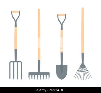 Un ensemble d'outils de jardin. Pelle de creusement, fourche de creusement, râteau à lames et râteau à terre isolés sur un fond blanc. Illustration vectorielle de style plat Illustration de Vecteur