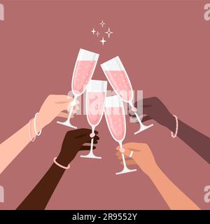 Les mains de femmes se clinquant des verres de champagne rose sur fond rouge pâle. Illustration vectorielle de style plat Illustration de Vecteur