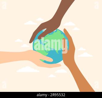 Les mains de personnes de différentes ethnies qui détiennent la planète Terre. Illustration vectorielle de style plat Illustration de Vecteur