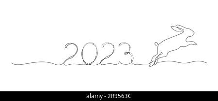 Le numéro 2023 et le lapin sautant dans le style art de ligne sur un fond blanc. Symbole de 2023. Illustration vectorielle Illustration de Vecteur