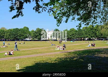 Personnes assises sur Richmond Green bénéficiant d'une chaude journée d'été ensoleillée, Grande-Bretagne de Londres Banque D'Images