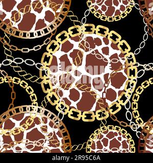 Motif tendance sans couture avec chaînes dorées et imprimé léopard. Imprimé avec des chaînes dorées sur fond noir. Motif vectoriel sans couture. Conception en tissu. Illustration de Vecteur