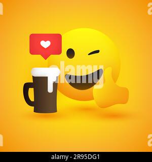 Souriant et Winking Emoji montrant des Thumbs Up - simple brillant heureux Emoticon avec un mug à bière et une bulle de parole sur fond jaune - conception vectorielle Illustration de Vecteur