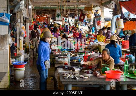 Une scène animée d'acheteurs et de vendeurs locaux au marché du poisson de Hoi an Market dans la vieille ville de Hoi an, Vietnam. Banque D'Images