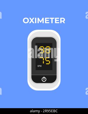 Oxymètre de pouls blanc sur fond bleu. Dispositif médical pour mesurer le niveau de saturation en oxygène du sang et la fréquence de pouls. Illustration vectorielle plate Illustration de Vecteur