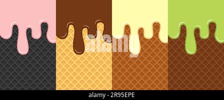 Ensemble de gaufres et glace à la crème glacée. Gaufres jaunes, brunes et noires. Rose, chocolat, vanille, glace verte. Illustration vectorielle plate Illustration de Vecteur