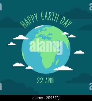Globe terrestre de la planète Terre avec des nuages autour sur un fond bleu foncé. Carte de vœux du bon jour de la Terre. Illustration vectorielle plate Illustration de Vecteur