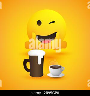 Bière et café - Emoticon souriant et encreur montrant des Thumbs Up - simple Emoticon heureux brillant avec tasse à bière et tasse à café sur fond jaune - VEC Illustration de Vecteur