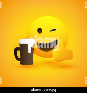 Emoji souriant et entortillant montrant des Thumbs Up - simple Emoticon heureux brillant avec mug à bière sur fond jaune - conception vectorielle Illustration de Vecteur