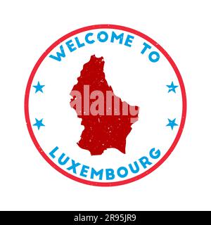 Bienvenue au timbre luxembourgeois. Timbre rond de pays grunge avec texture dans le thème de couleur Gummy Dolphins. Sceau luxembourgeois géométrique de style vintage. Illustration de Vecteur