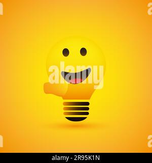 Sourire ampoule Emoticon avec Thumbs Up - simple brillant heureux Emoticon sur fond jaune - conception vectorielle Illustration de Vecteur