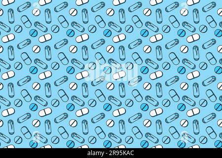 Pilules et capsules de différentes formes sur fond bleu. Motif vectoriel transparent Illustration de Vecteur
