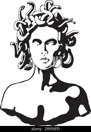 Puissance mystique: Demi-buste Illustration de Medusa, le légendaire Gorgon - noir et blanc stencil vecteur Illustration de Vecteur