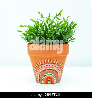 Plante artificielle dans un pot en terre cuite d'argile. Peint à la main avec des acryliques. Motifs ethniques à l'intérieur. Banque D'Images