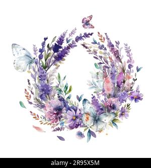Couronne de fleurs d'aquarelle violette avec papillons. Illustration vectorielle Illustration de Vecteur