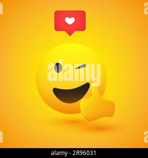 Sourire et Wencing Emoji montrant des Thumbs Up - simple Happy Emoticon avec bulle de parole sur fond jaune - Vector Design concept Illustration de Vecteur