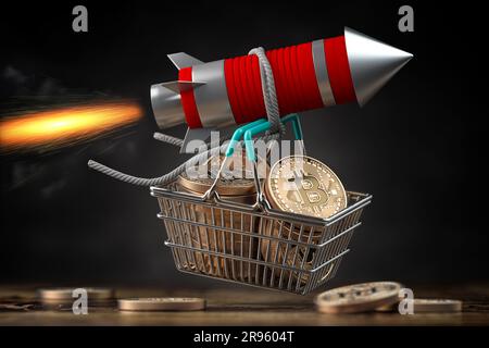Croissance du concept de prix BTC bitcoin. Fusée avec panier rempli de lance bitcoin pièces. 3d illustration Banque D'Images