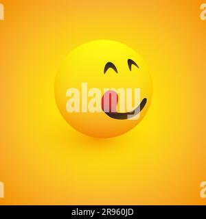 3D bouche souriante visage léchant, vue de côté - simple Happy Emoticon sur fond jaune - Vector Design Illustration de Vecteur