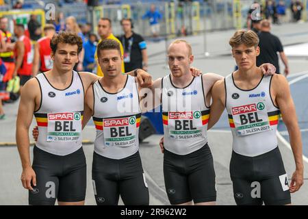 Chorchichow, Pologne. 24th juin 2023. L-R, Kobe Vleminckx belge, Antoine Snijders, Rendel Vermeulen et Jordan Pacot photographiés aux championnats européens d'athlétisme, à Chorchichow, Silésie, Pologne, samedi 24 juin 2023. Team Belgium est en compétition dans la première division du 23 au 25 juin. BELGA PHOTO ERIK VAN LEEUWEN crédit: Belga News Agency/Alay Live News Banque D'Images