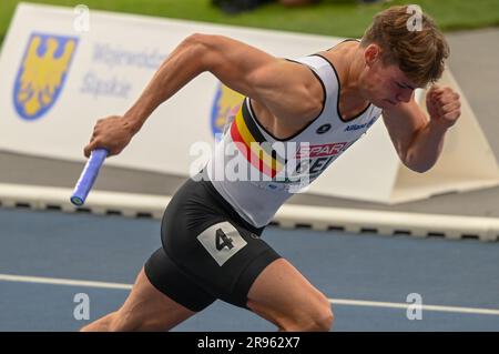 Chorchichow, Pologne. 24th juin 2023. Rendel Vermeulen Belge photographié en action au relais 4x100m aux Championnats européens d'athlétisme, à Chorchichow, Silésie, Pologne, samedi 24 juin 2023. Team Belgium est en compétition dans la première division du 23 au 25 juin. BELGA PHOTO ERIK VAN LEEUWEN crédit: Belga News Agency/Alay Live News Banque D'Images