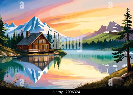 paysage de chalet de lac de montagne au milieu d'une forêt luxuriante et de sommets majestueux. Scène nature Illustration de Vecteur