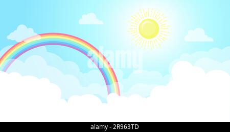 Arrière-plan vectoriel de style dessin animé pour un design magique. Nuages blancs moelleux et arc-en-ciel lumineux dans le ciel bleu Illustration de Vecteur