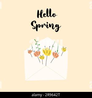 Hello Spring enveloppe illustration style doodle. Carte postale florale de l'été et du printemps. Illustration de Vecteur