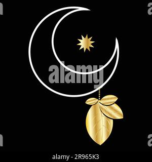 Lune blanche avec des feuilles dorées accrochées à un vecteur d'art d'art de première qualité et une étoile brillante Illustration de Vecteur