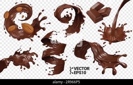3D Chocolate splash isoler le vecteur réaliste eps set morceaux de barre de chocolat tourbillon et goutte d'onde tombant Illustration de Vecteur