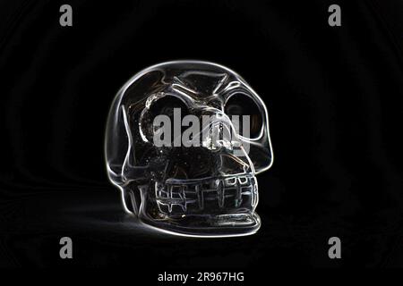 crâne en verre à la lumière du néon sur fond noir gros plan, symbole de la peur Banque D'Images