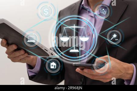 Businessman sur fond flou à l'aide de protection droit droit le rendu 3D Banque D'Images