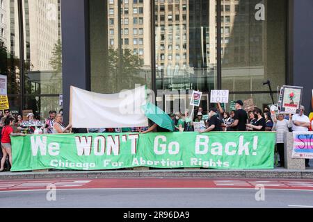 Les militants des droits TRANS et LGBTQ se sont joints à leurs forces pour protester contre la décision de Dobbs prise il y a un an lors d'une marche sœur à l'occasion de la Journée nationale d'action organisée par la Marche nationale des femmes dans le centre-ville de Chicago, à 24 juin 2023. Il y a un an, cette semaine, la Cour suprême a rendu sa décision Dobbs, qui signifiait que des millions d'Américains n'avaient plus garanti l'accès à des soins d'avortement. (Photo par: Alexandra Buxbaum/SIPS USA) crédit: SIPA USA/Alay Live News Banque D'Images