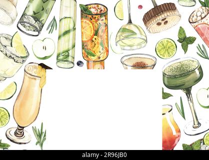 Cadre aquarelle, verres à cocktail : martini, gin, margarita, mojito, liqueur, rhum, mule de moscou. Illustration dessinée à la main isolée sur fond blanc Banque D'Images